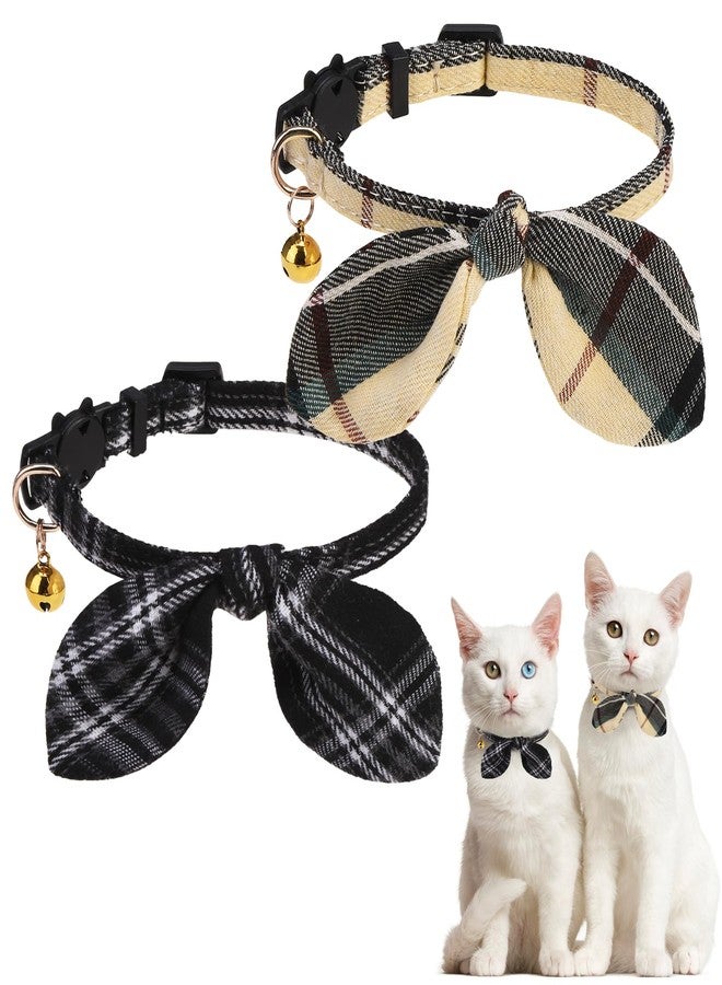 KOOLTAIL Cat Collar Breakaway with Bowtie and Bells, 2 Pack Cute Kitten Collars for Boys & Girls, Classic Plaid Design with Safety Buckle Adjustable for Small Large Cats Puppy,Black & Beige - Image 1